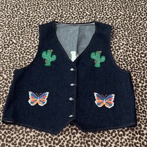 Vintage denim vest embroidered cactus butterfly large boho unbranded Y2K casual